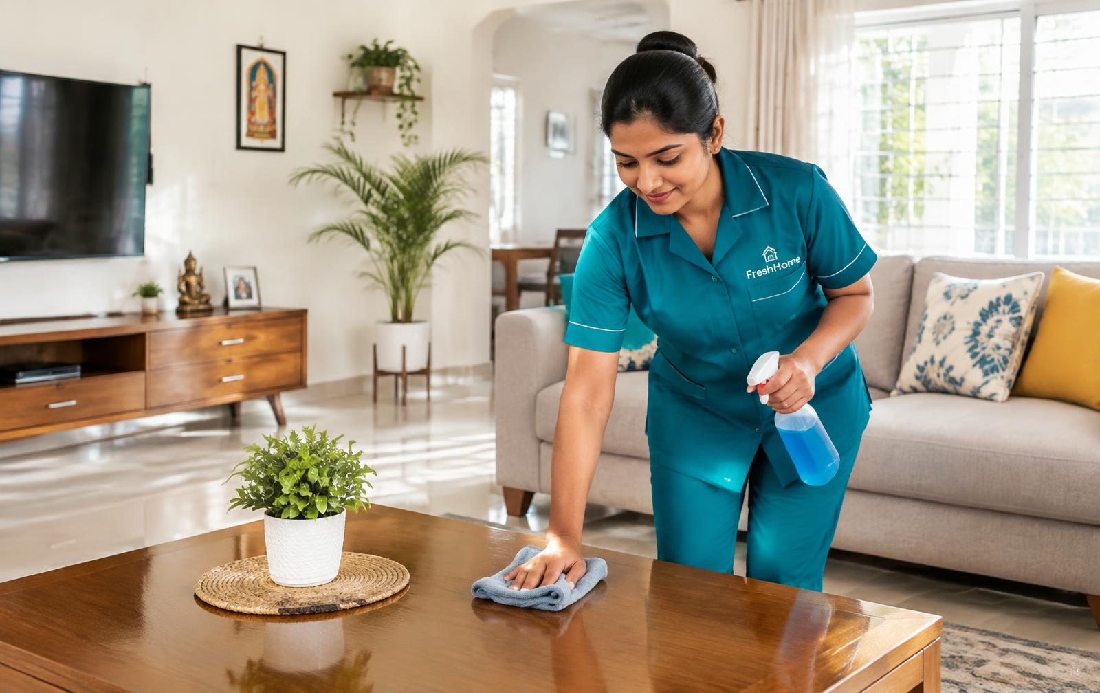 Housekeeper cleaning a living room table